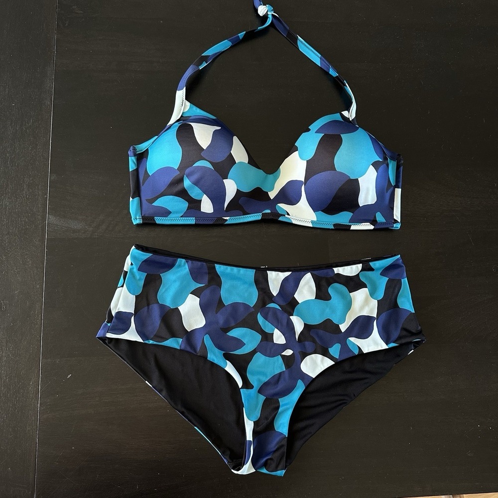 Sloggi Shore Flower Horn Swim Top & Brief Bikini Set Blue Women's UK Size L READ